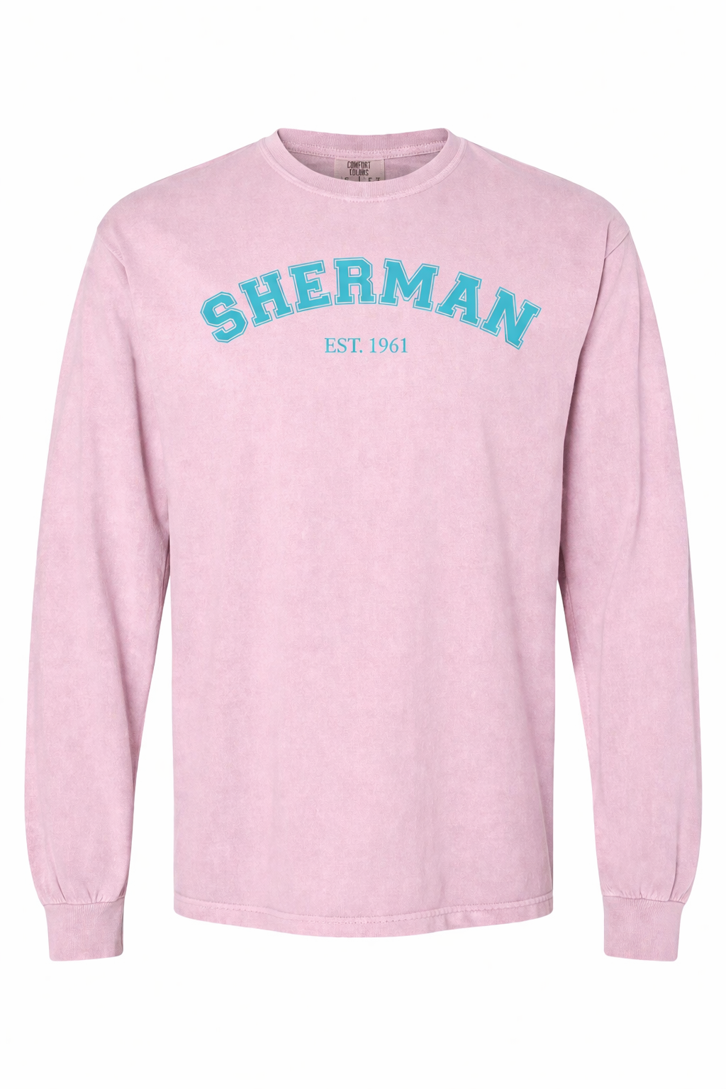 Pink long-sleeve shirt with 'SHERMAN EST. 1961' text in blue on a white background