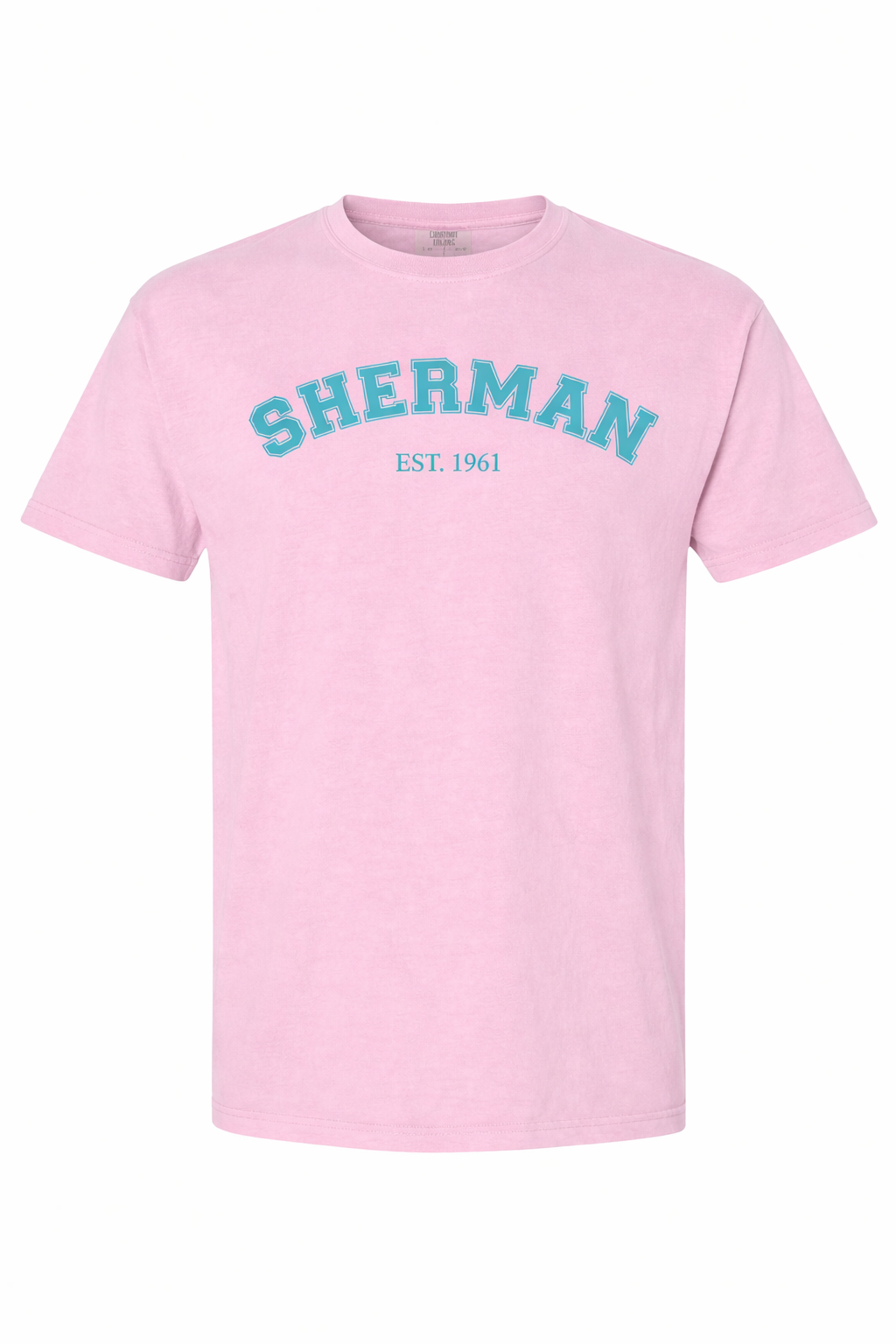 Pink t-shirt with 'SHERMAN EST. 1961' text on a white background