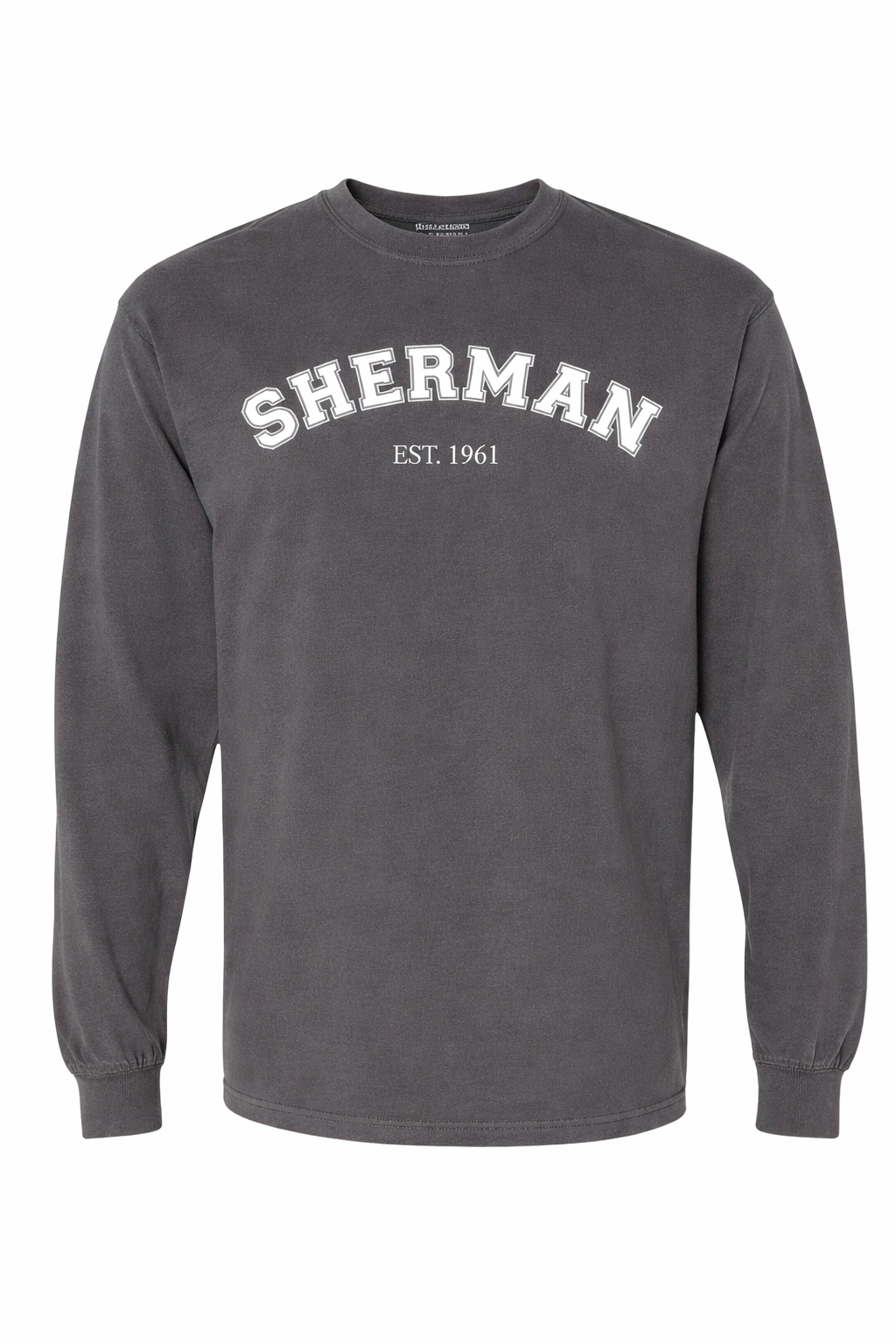 Gray long-sleeve shirt with 'Sherman EST. 1961' text on a white background