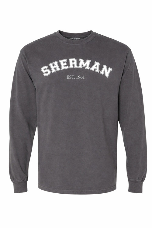 Gray long-sleeve shirt with 'Sherman EST. 1961' text on a white background