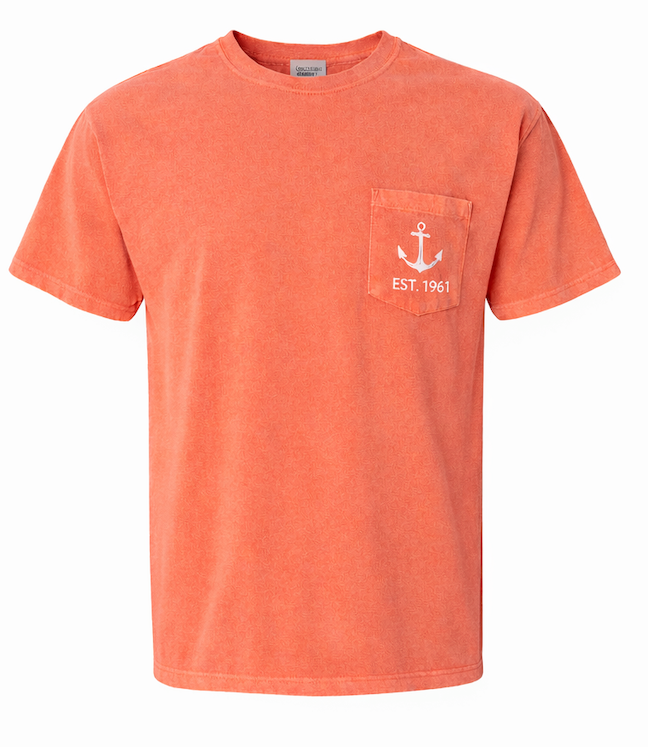 Orange t-shirt with a white anchor design on a white background