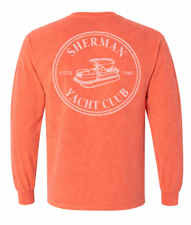 Red long-sleeve shirt with Sherman Yacht Club logo on the back