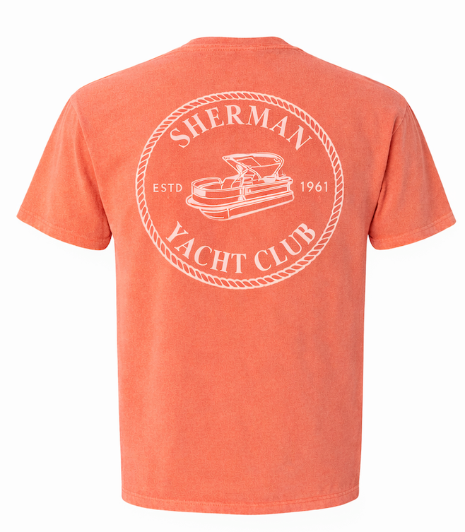 Orange t-shirt with 'Sherman Yacht Club' logo on a white background