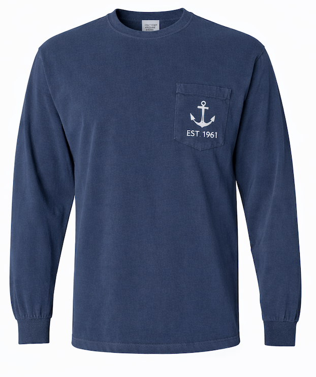 Navy blue long-sleeve shirt with an anchor and 'EST 1961' logo on a white background