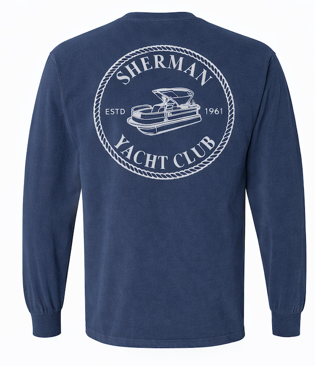 Navy blue long-sleeve shirt with Sherman Yacht Club logo on the back