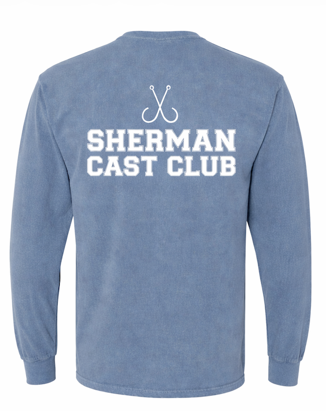 Blue long-sleeve shirt with 'Sherman Cast Club' text on the back against a white background