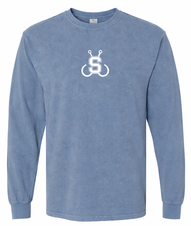 Blue long-sleeve shirt with a white logo on a white background