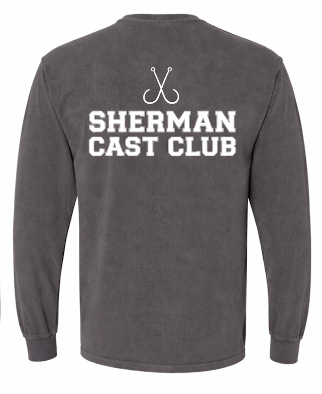 Gray long-sleeve shirt with 'Sherman Cast Club' text and logo on the back against a white background
