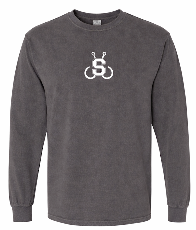Dark gray long-sleeve shirt with a white logo on a white background