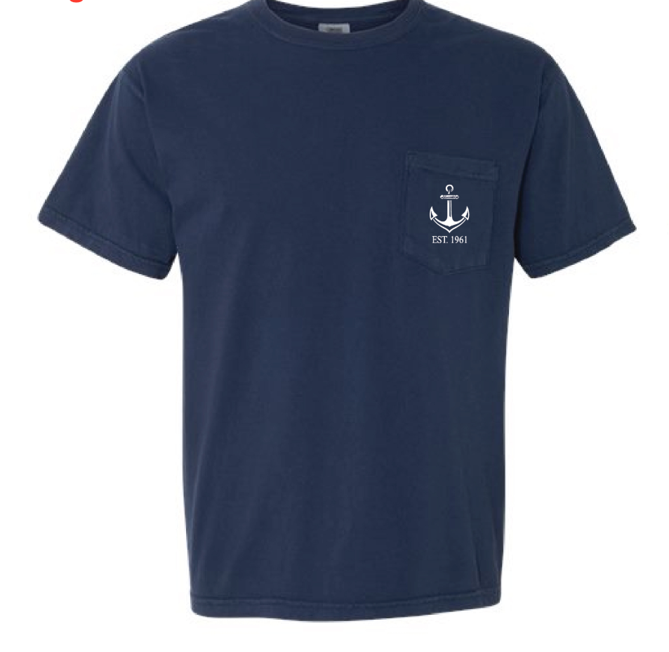 Navy blue t-shirt with a pocket featuring an anchor design on a white background