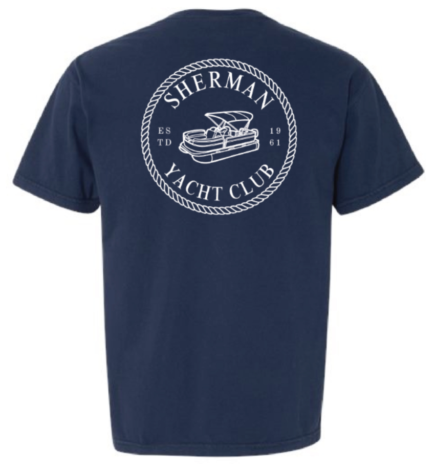 Navy blue t-shirt with Sherman Yacht Club logo on the back